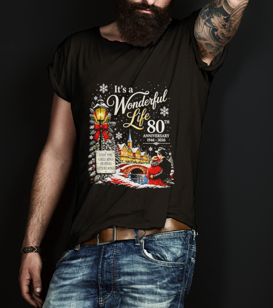 It's A Wonderful Life 80th Anniversary 1946 2026 Christmas Village Scene Snowflakes Lantern T-Shirt