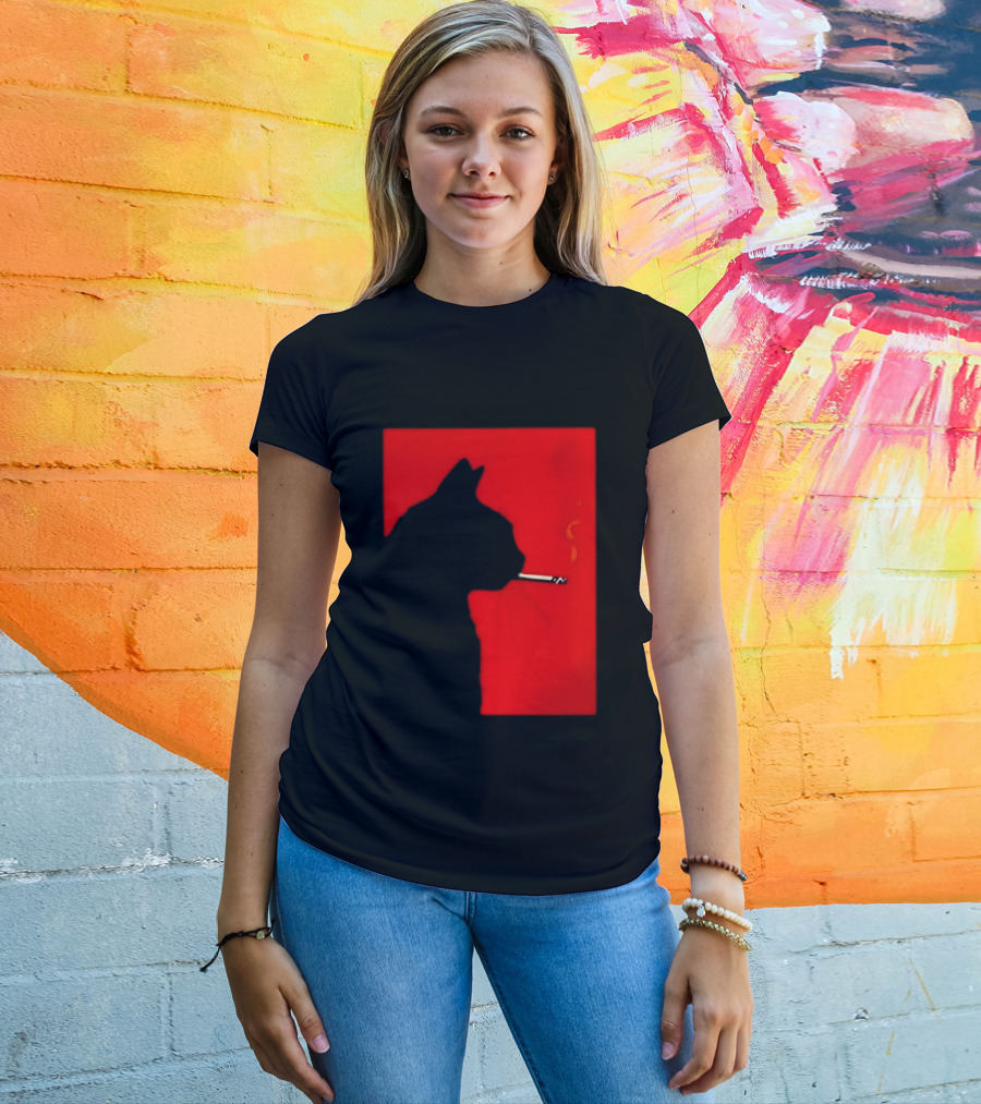 Black Cat Silhouette With Cigarette On Red T-Shirt