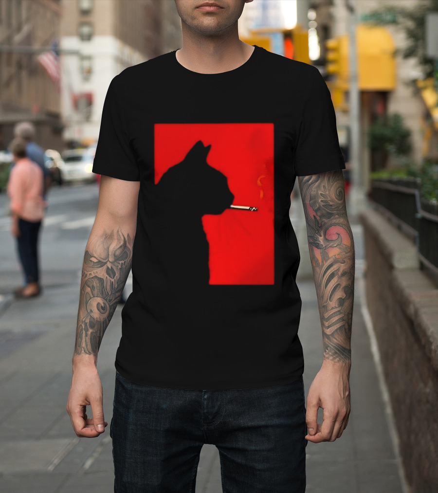 Black Cat Silhouette With Cigarette On Red T-Shirt