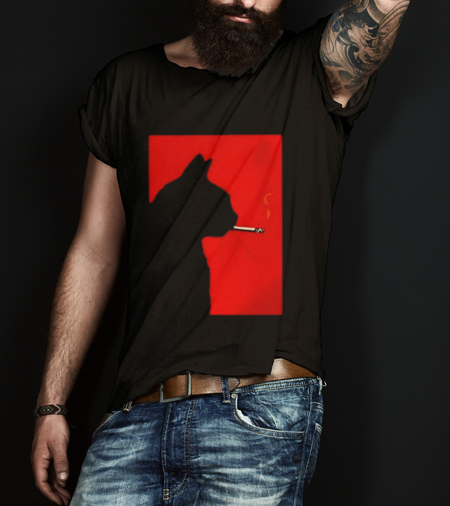 Black Cat Silhouette With Cigarette On Red T-Shirt