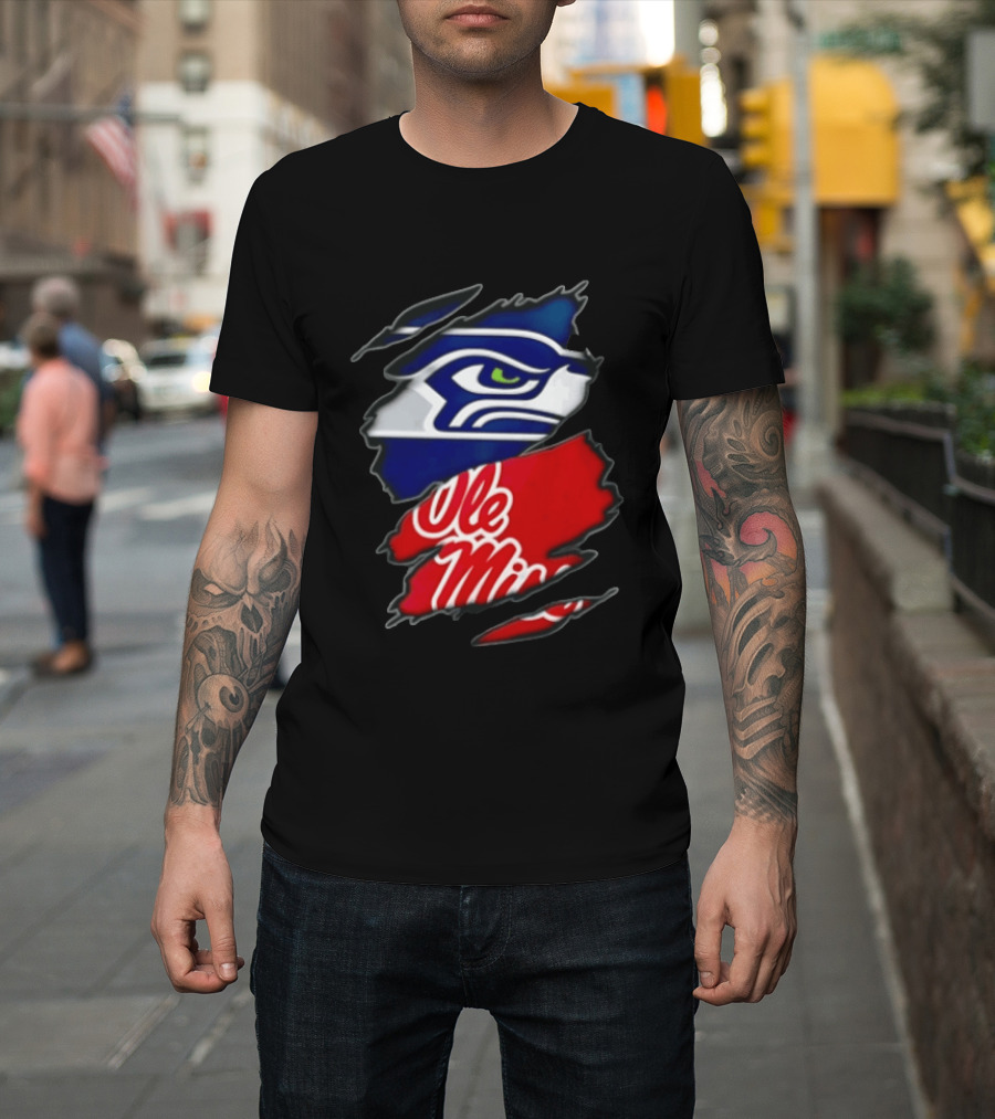 Seattle Seahawks Ole Miss Rebels Ripped Fabric Reveal T-Shirt