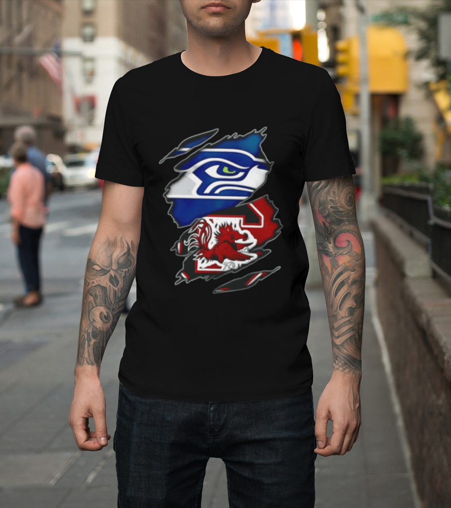 Seattle Seahawks South Carolina Gamecocks Torn Fabric Reveal Team Logos T-Shirt
