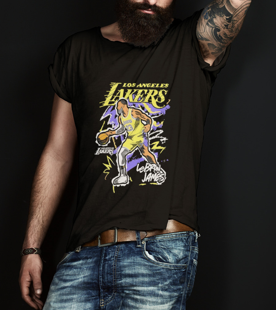 LeBron James Los Angeles Lakers 23 NBA Basketball Player Sketch Yellow Purple T-Shirt