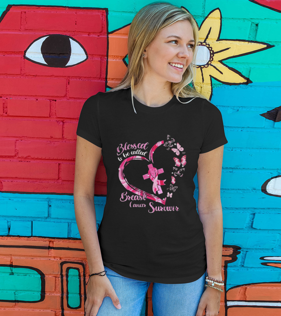 Blessed To Be Called Breast Cancer Survivor Pink Butterfly Ribbon Heart T-Shirt