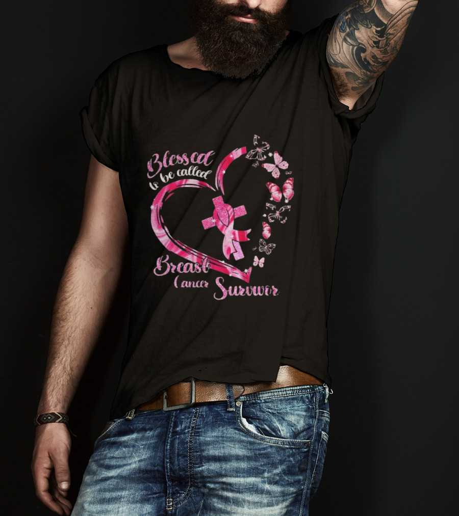 Blessed To Be Called Breast Cancer Survivor Pink Butterfly Ribbon Heart T-Shirt