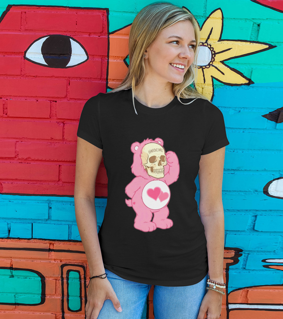 Hardcore Pink Bear Skull Goth Aesthetic With Hearts T-Shirt