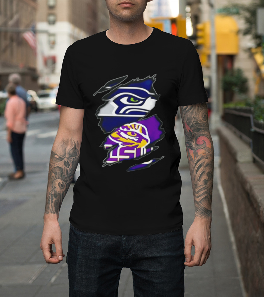 Seattle Seahawks Louisiana State University Ripped Fabric Reveal Seahawks Tiger Eye T-Shirt