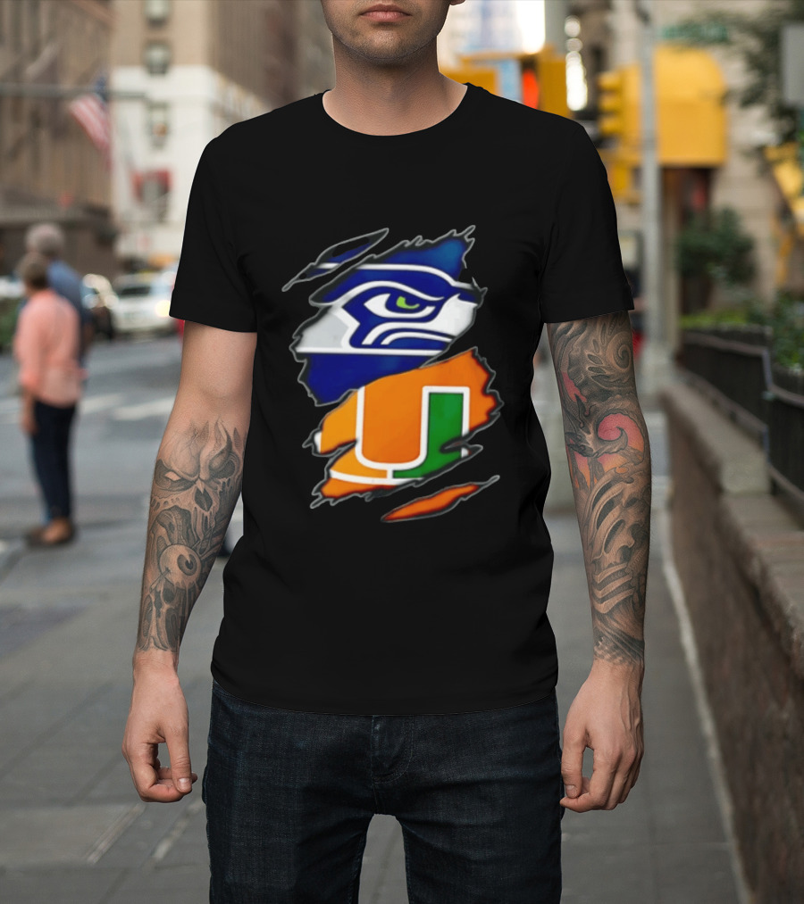 Seattle Seahawks Miami Hurricanes Torn Fabric Reveal Team Logos T-Shirt
