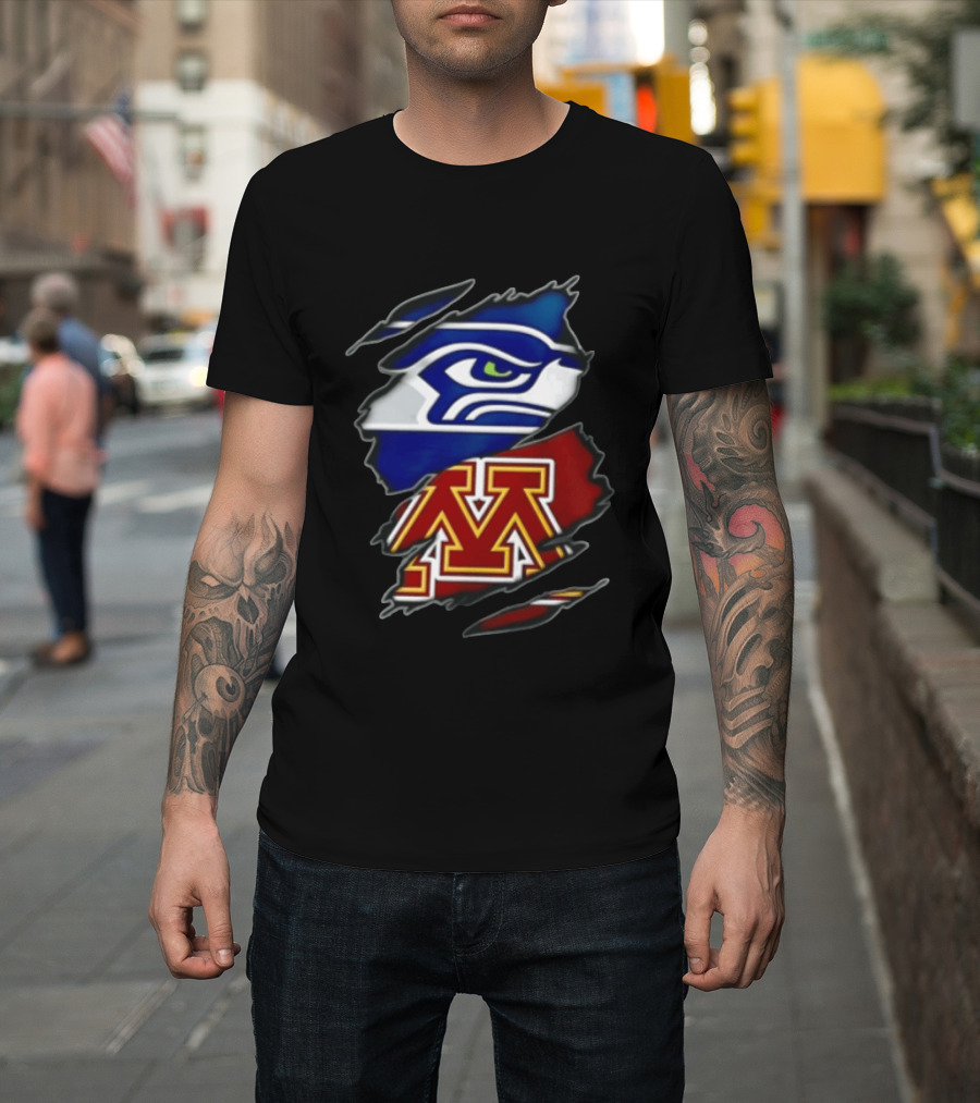 Seattle Seahawks Minnesota Golden Gophers Torn Fabric Reveal Team Emblems T-Shirt