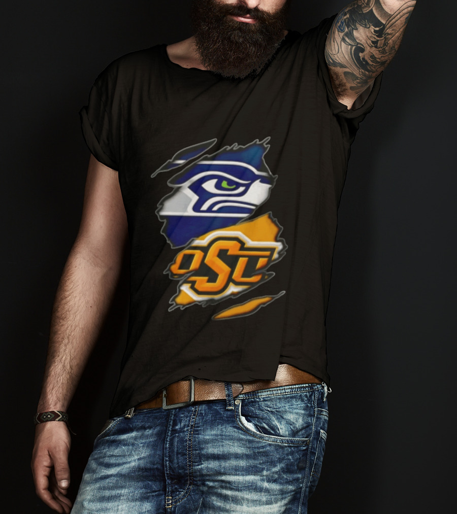Seattle Seahawks Oklahoma State Cowboys Torn Fabric Reveal Sports T-Shirt