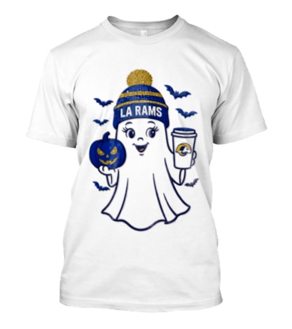 Los Angeles Rams Beanie Ghost Holding Pumpkin And Coffee Halloween T-Shirt