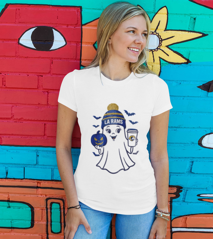 Los Angeles Rams Beanie Ghost Holding Pumpkin And Coffee Halloween T-Shirt