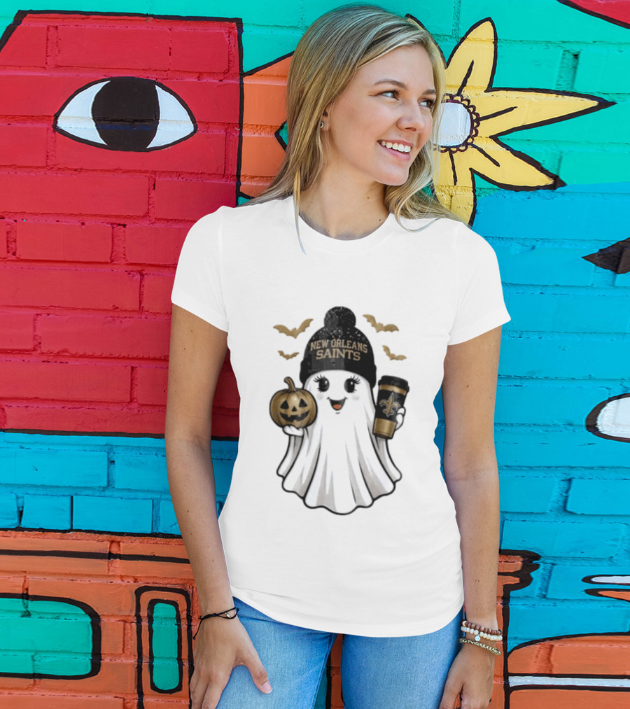 New Orleans Saints Ghost Beanie Pumpkin Coffee Halloween T-Shirt