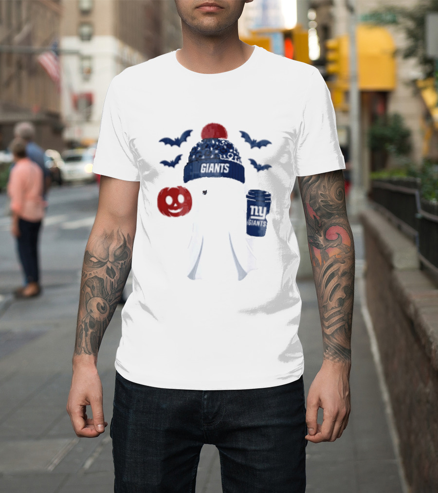 New York Giants Ghost Halloween Beanie With Pumpkin Coffee And Bats T-Shirt