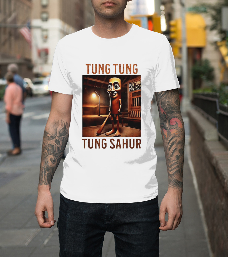 Tung Tung Tung Sahur Pentung Pos Ron Indonesian Culture Night Scene T-Shirt