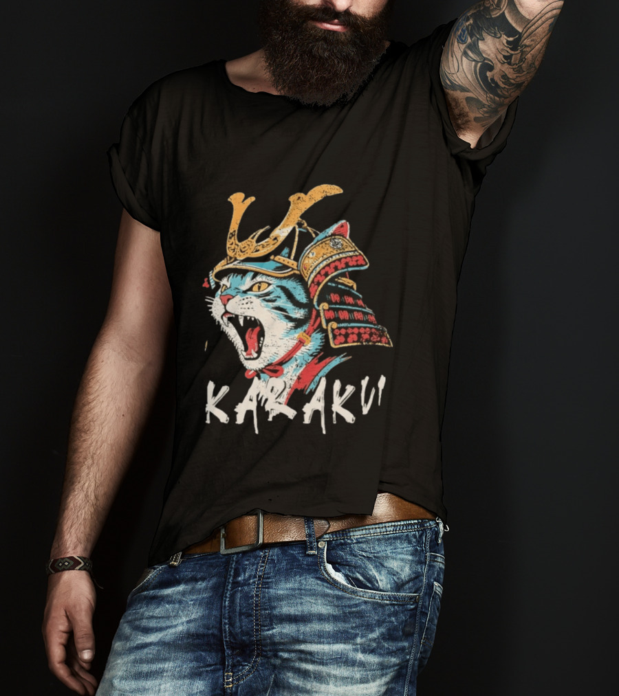 Karaku Distressed Samurai Cat With Helmet And Snarling Expression T-Shirt
