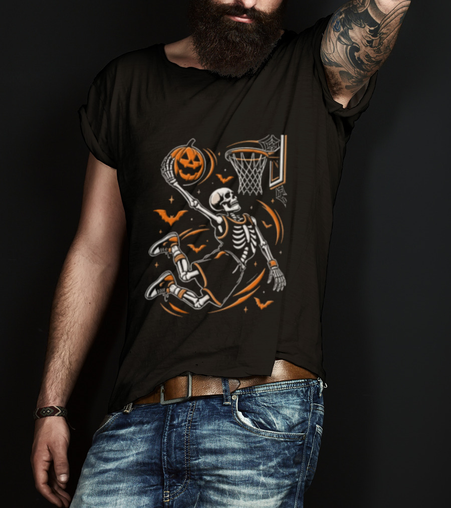 Skeleton Slam Dunk Pumpkin Basketball Hoop Spooky Halloween T-Shirt