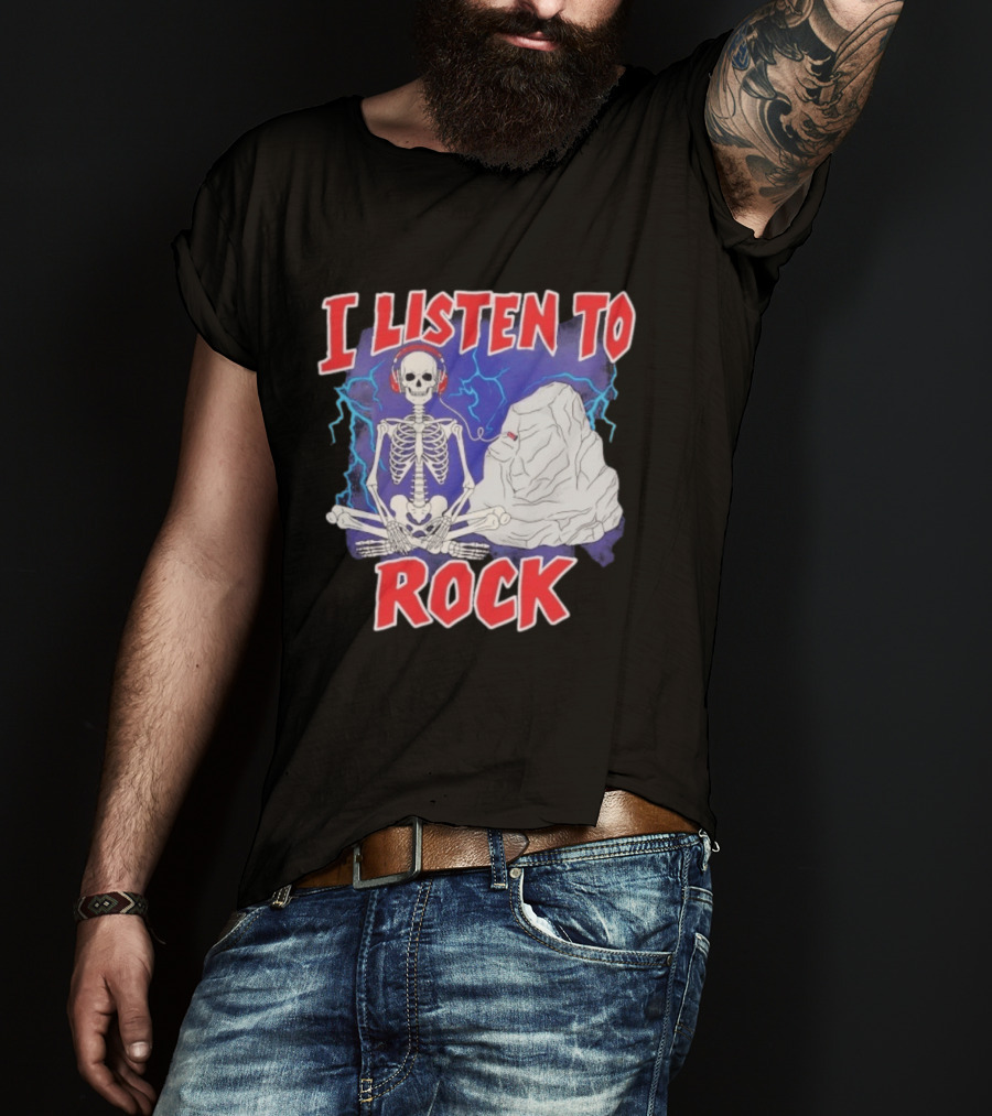 I Listen To Rock Skeleton Headphones Music T-Shirt