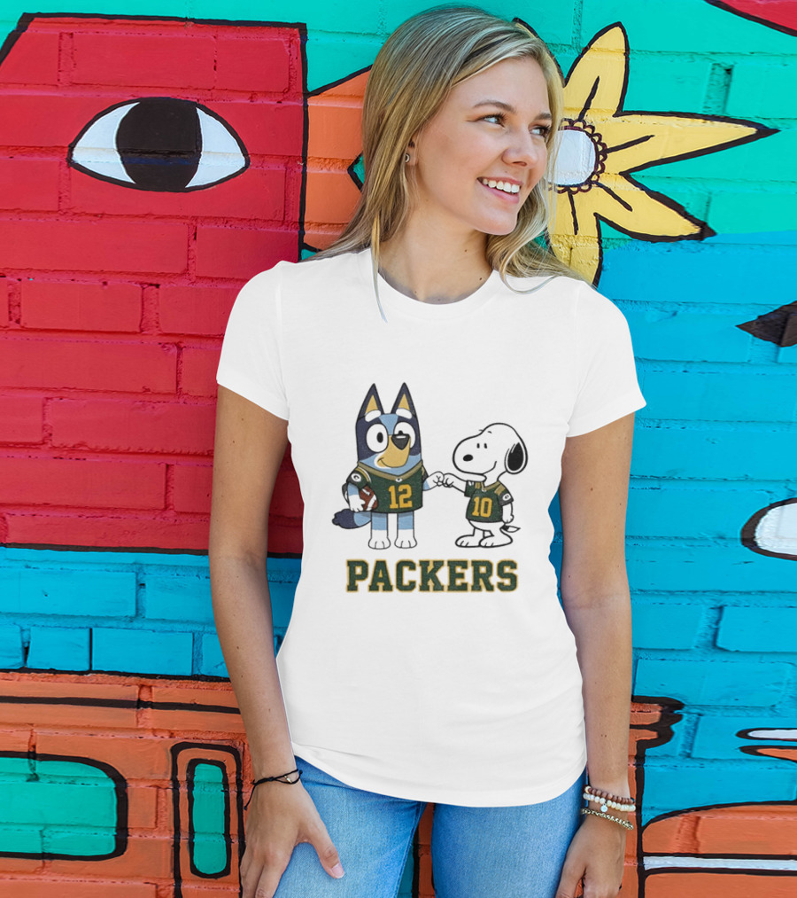 Bluey Snoopy Packers Football Friends Wearing 12 And 10 Jerseys T-Shirt