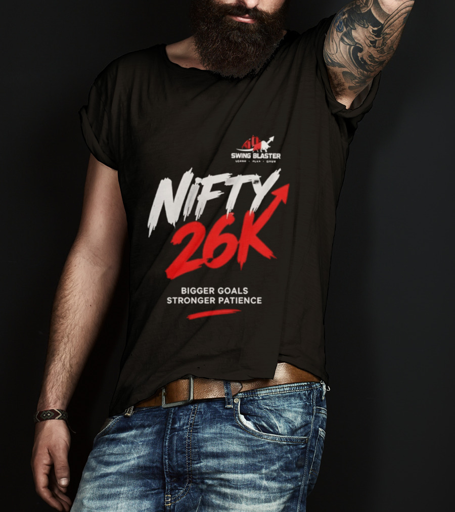 Swing Blaster Nifty 26K Bigger Goals Stronger Patience Bull And Bear Stock Market Trading Insights T-Shirt