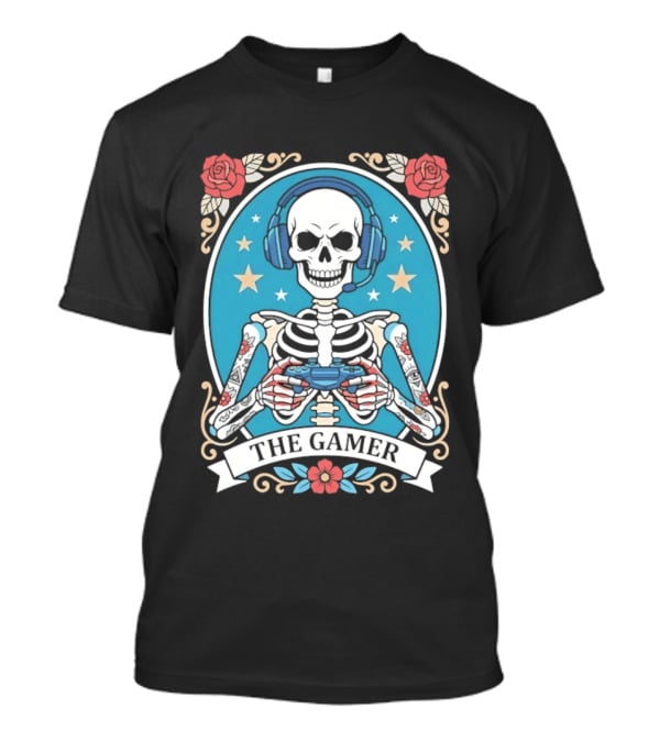 The Gamer Skeleton Headphones Controller Stars Roses T-Shirt