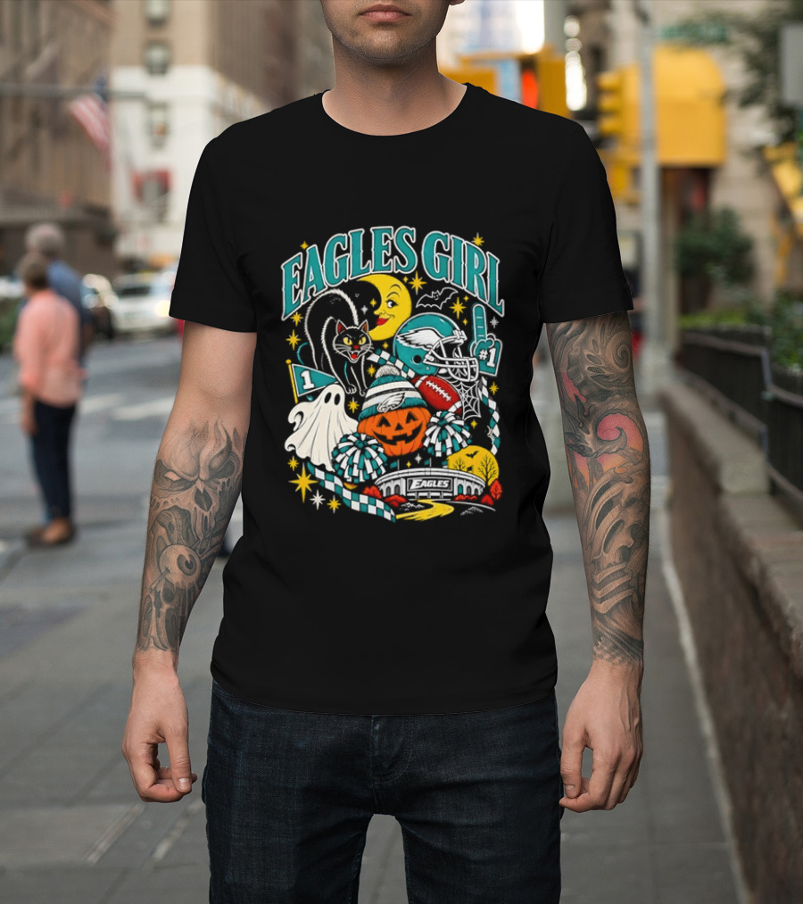 Eagles Girl Halloween Football Moon Cat Pumpkin Stadium T-Shirt