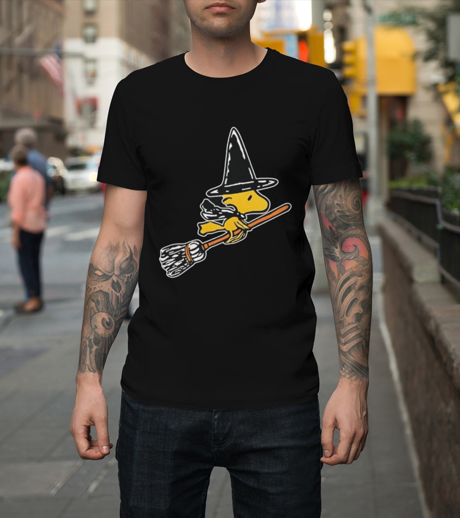 Woodstock Peanuts Halloween Witch Flying On Broomstick T-Shirt