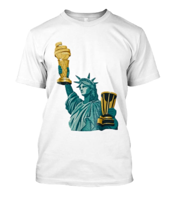 Lady Liberty Holding Dual Championship Trophies Soccer And Basketball T-Shirt