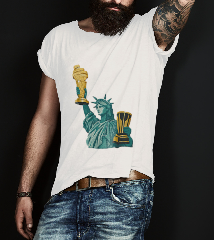 Lady Liberty Holding Dual Championship Trophies Soccer And Basketball T-Shirt