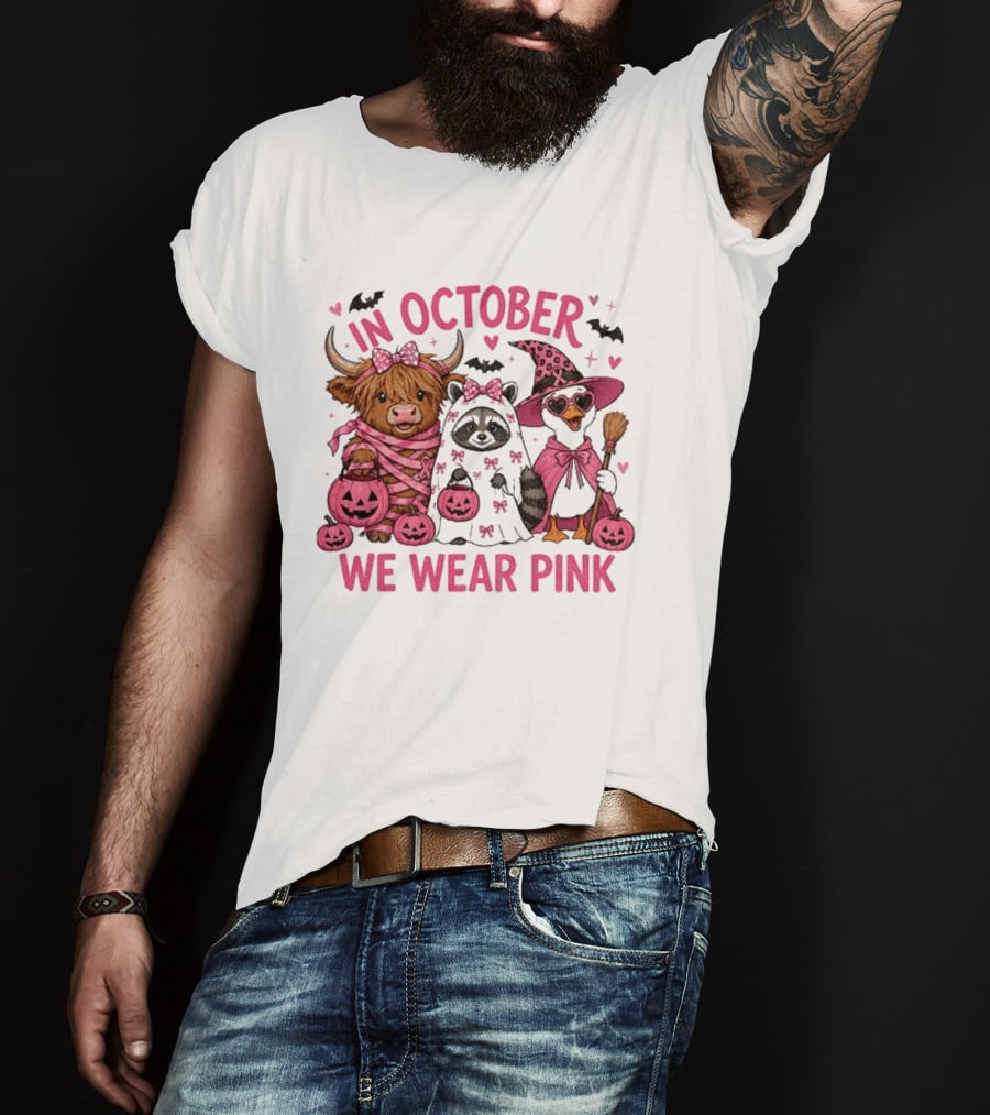 In October We Wear Pink Breast Cancer Support With Halloween Animals T-Shirt