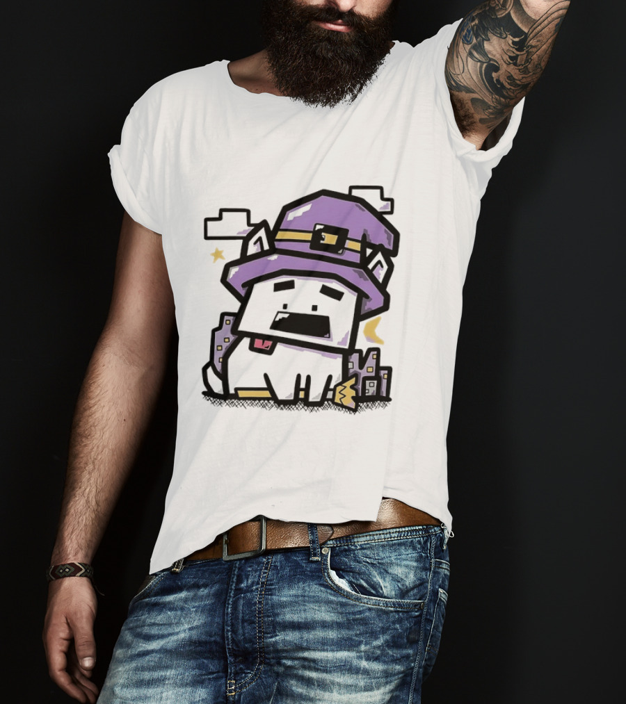 Pixel Cat Wearing Witch Hat Cute Halloween 8 Bit T-Shirt