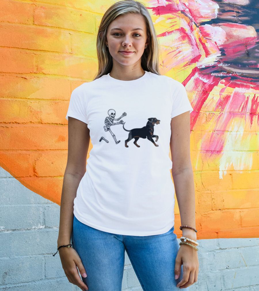 Skeleton Chasing Rottweiler With Bone In Halloween Humor Scene T-Shirt
