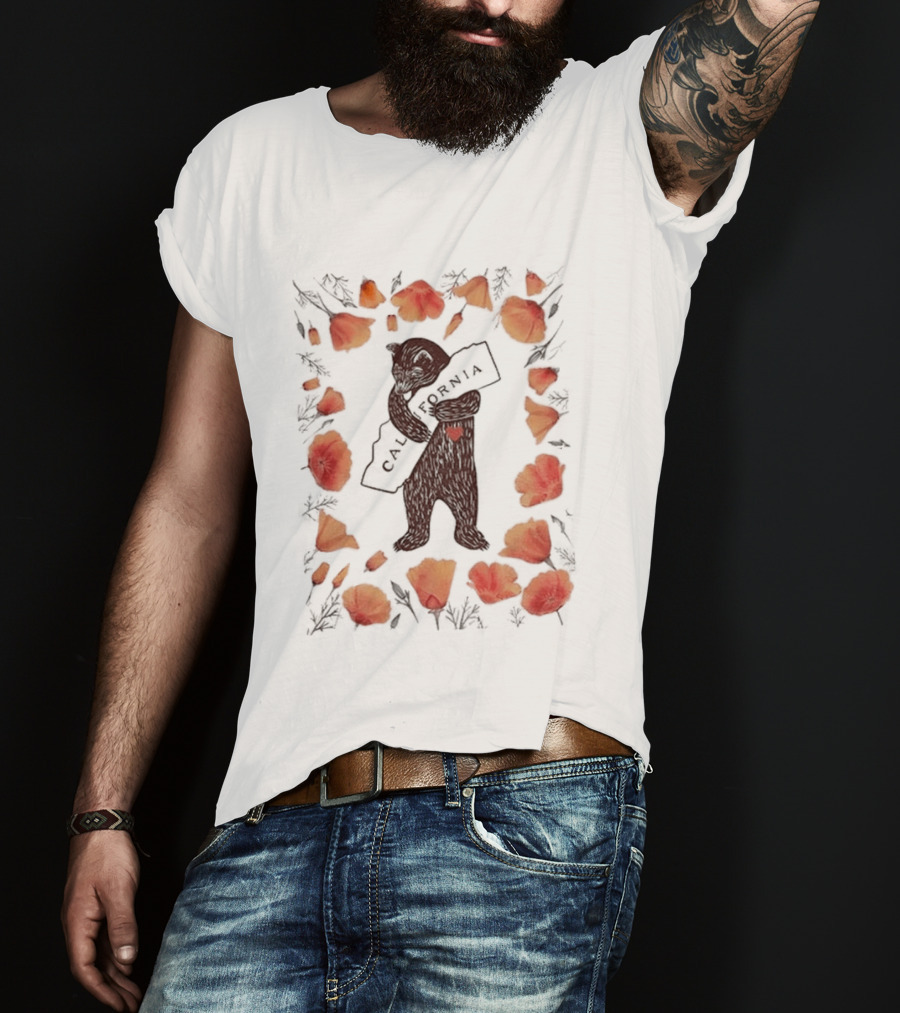 California Bear Hug With State Map And Poppies T-Shirt
