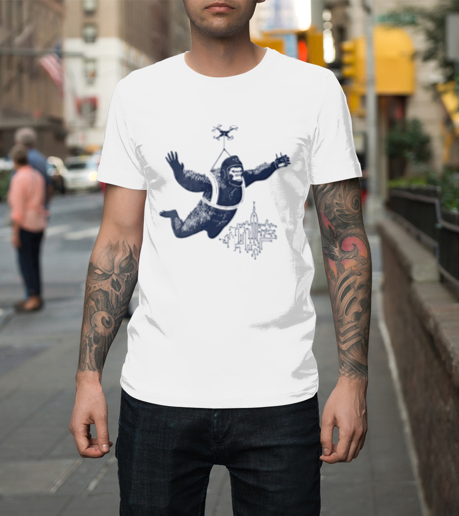 Gorilla Parachuting With Drone Over City Skyline T-Shirt