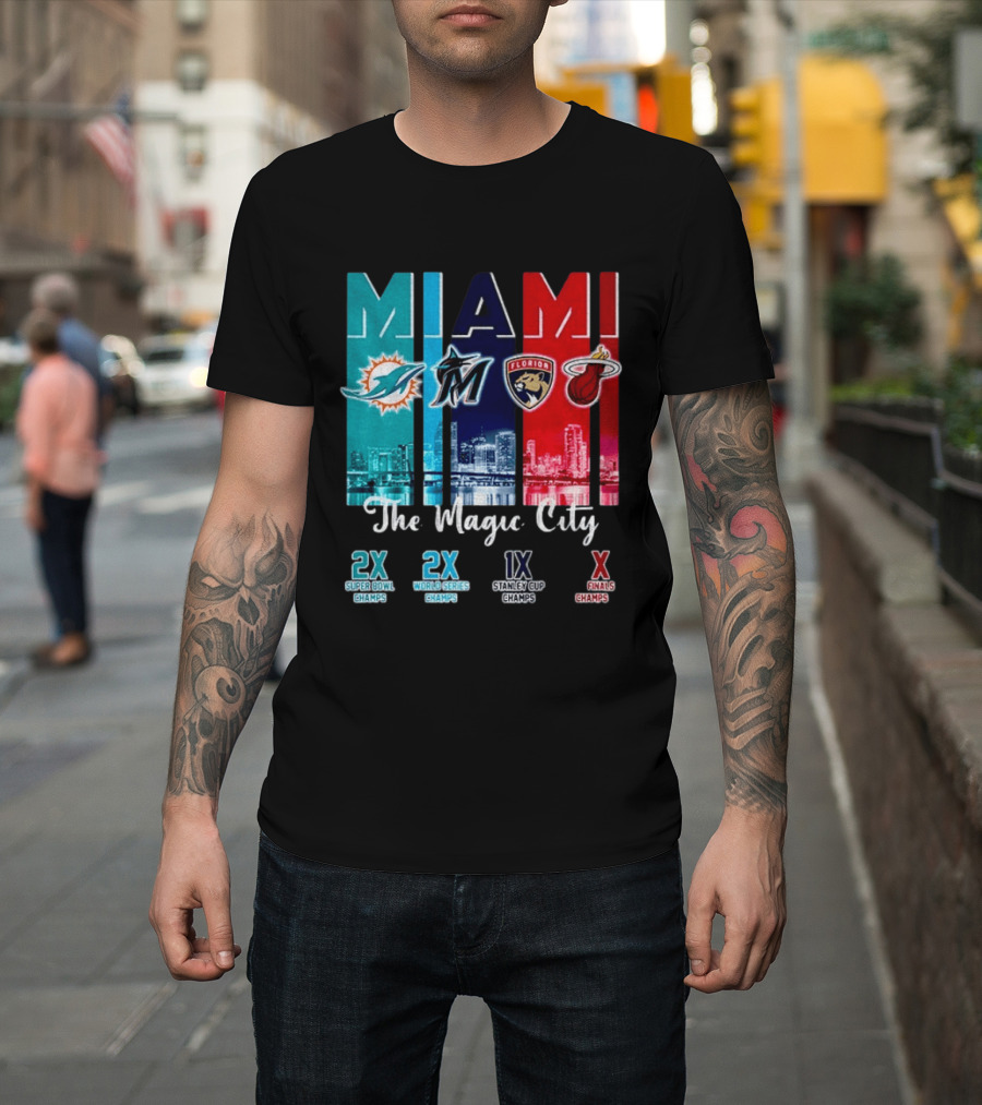 MIAMI The Magic City Dolphins Marlins Panthers Heat Champs T-Shirt