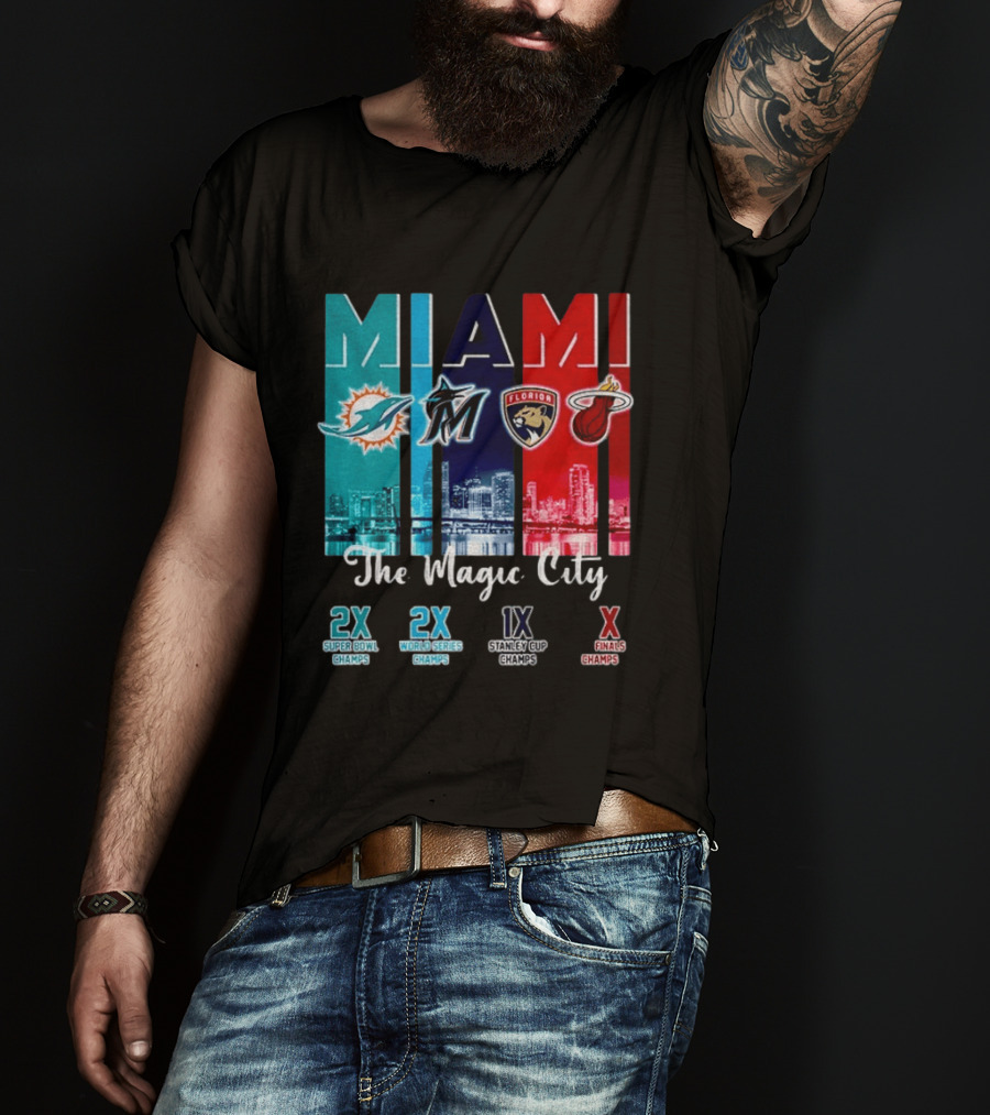 MIAMI The Magic City Dolphins Marlins Panthers Heat Champs T-Shirt