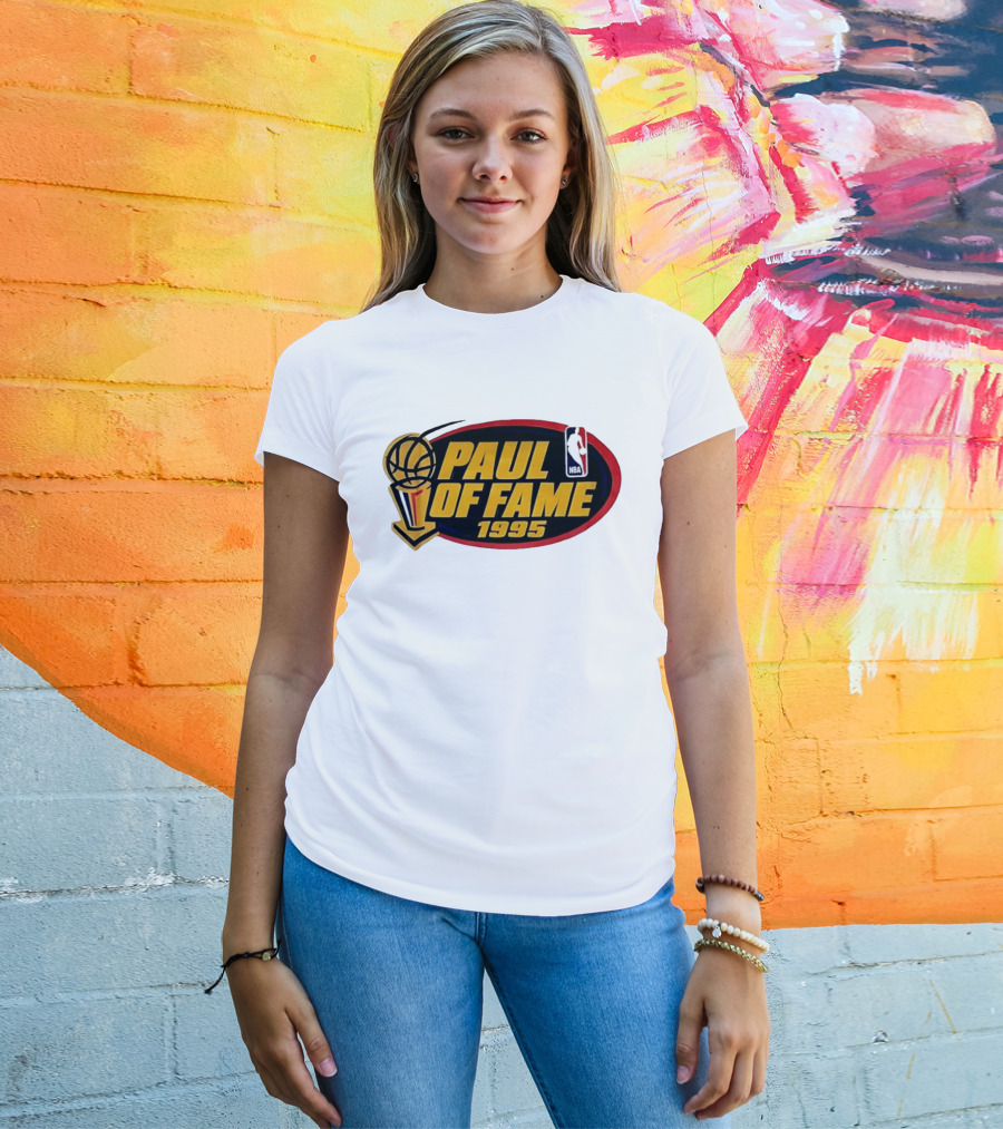 NBA Paul Of Fame 1995 Golden Basketball Trophy Red Oval Frame T-Shirt