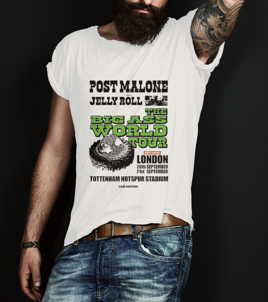 Post Malone Jelly Roll Live Nation The Big Ass World Tour London Tottenham Hotspur Stadium 2023 T-Shirt
