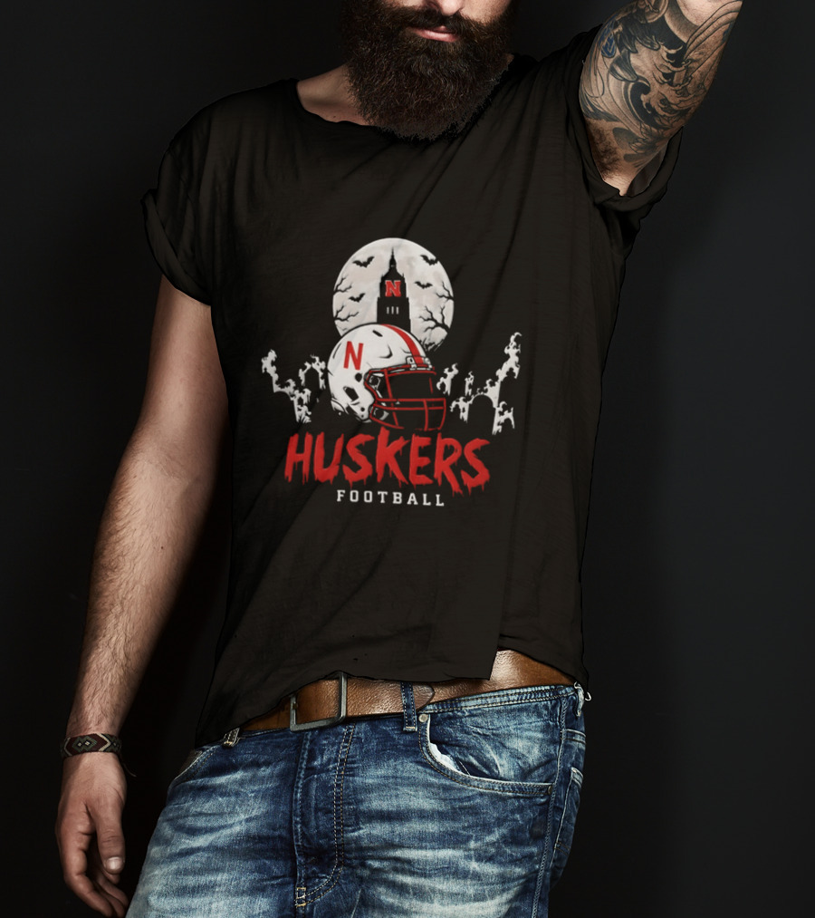 Nebraska Huskers Football Halloween Spooky Helmet Bats Moon 2026 T-Shirt