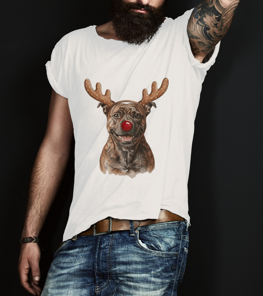 Brindle Pit Bull With Reindeer Antlers And Red Nose T-Shirt