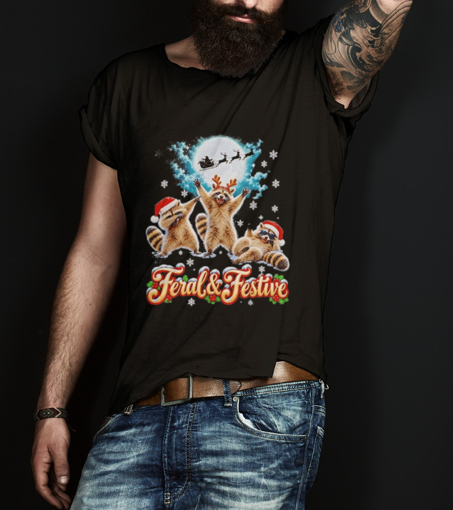 Feral And Festive Raccoons Christmas Holiday Santa And Reindeer T-Shirt