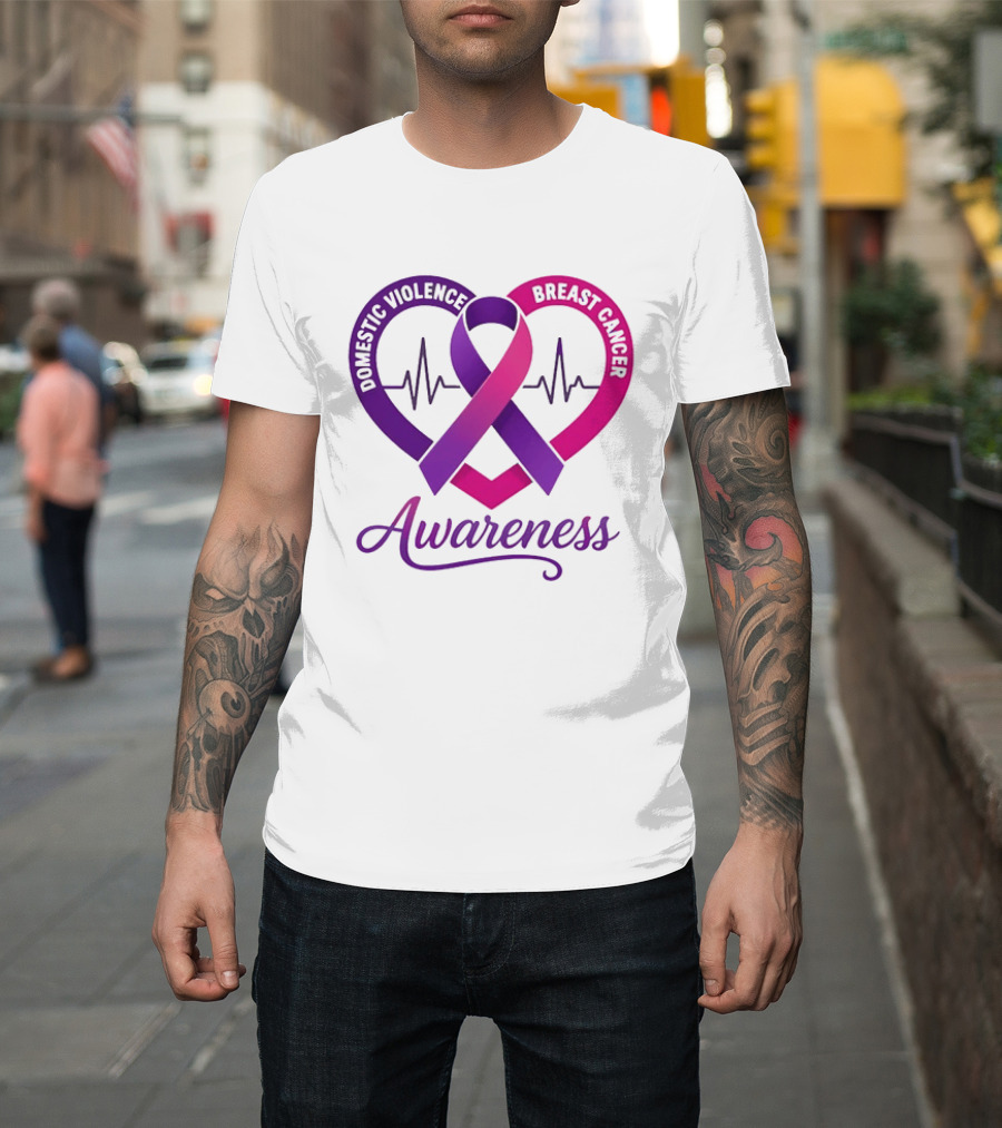 Domestic Violence And Breast Cancer Awareness Heart Ribbon Purple Pink T-Shirt