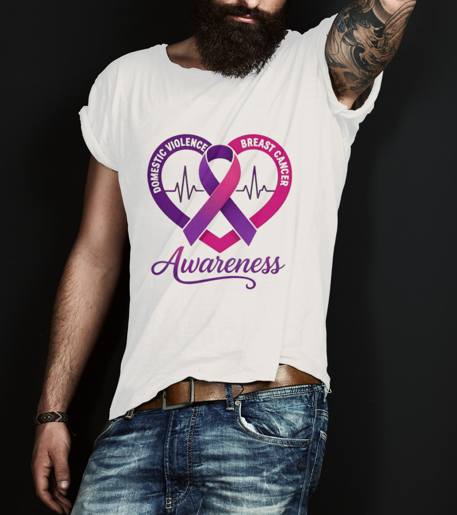 Domestic Violence And Breast Cancer Awareness Heart Ribbon Purple Pink T-Shirt