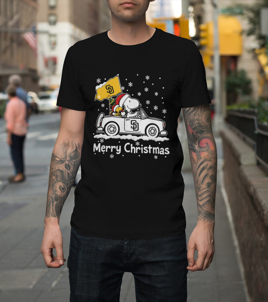 Snoopy And Woodstock Driving San Diego Padres Car Merry Christmas 2026 T-Shirt