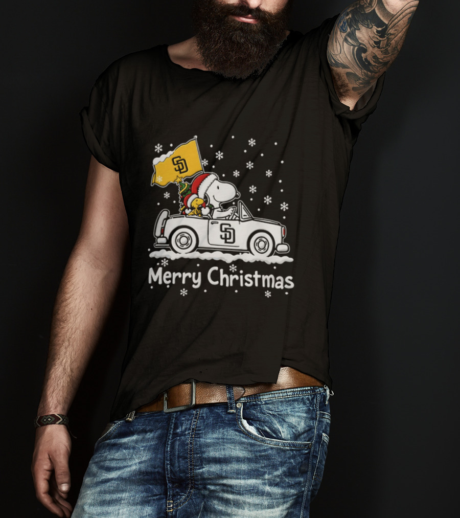 Snoopy And Woodstock Driving San Diego Padres Car Merry Christmas 2026 T-Shirt