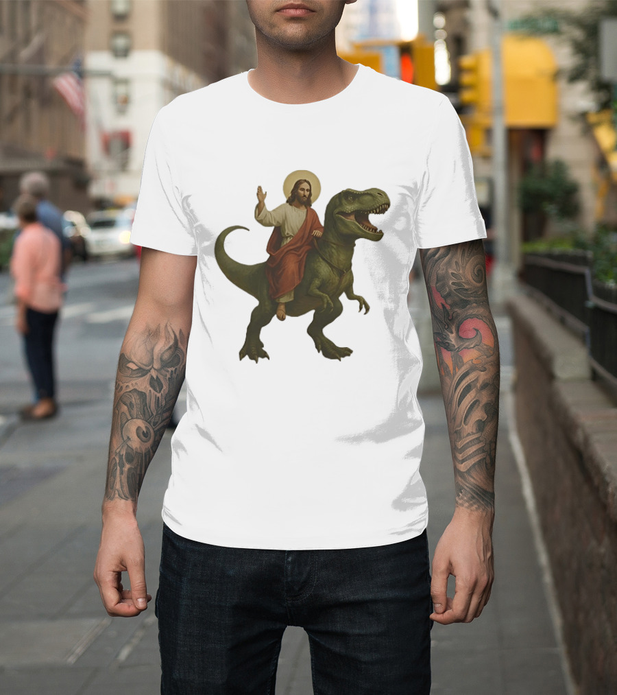 Jesus Riding Tyrannosaurus Rex Dinosaur T-Shirt
