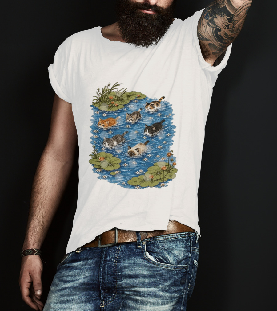 Kittens Swimming Among Water Lilies In Pond Scene T-Shirt