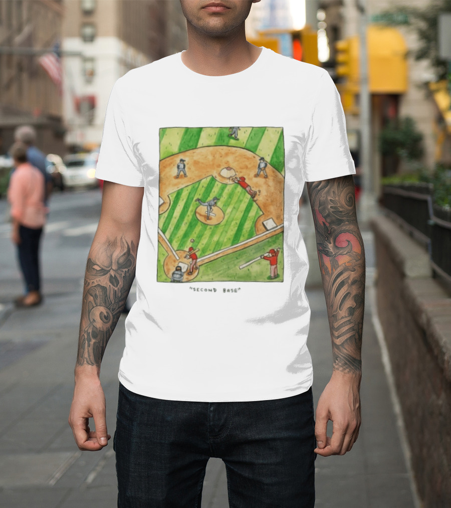 Second Base Baseball Cartoon Humor Action Play Scene T-Shirt