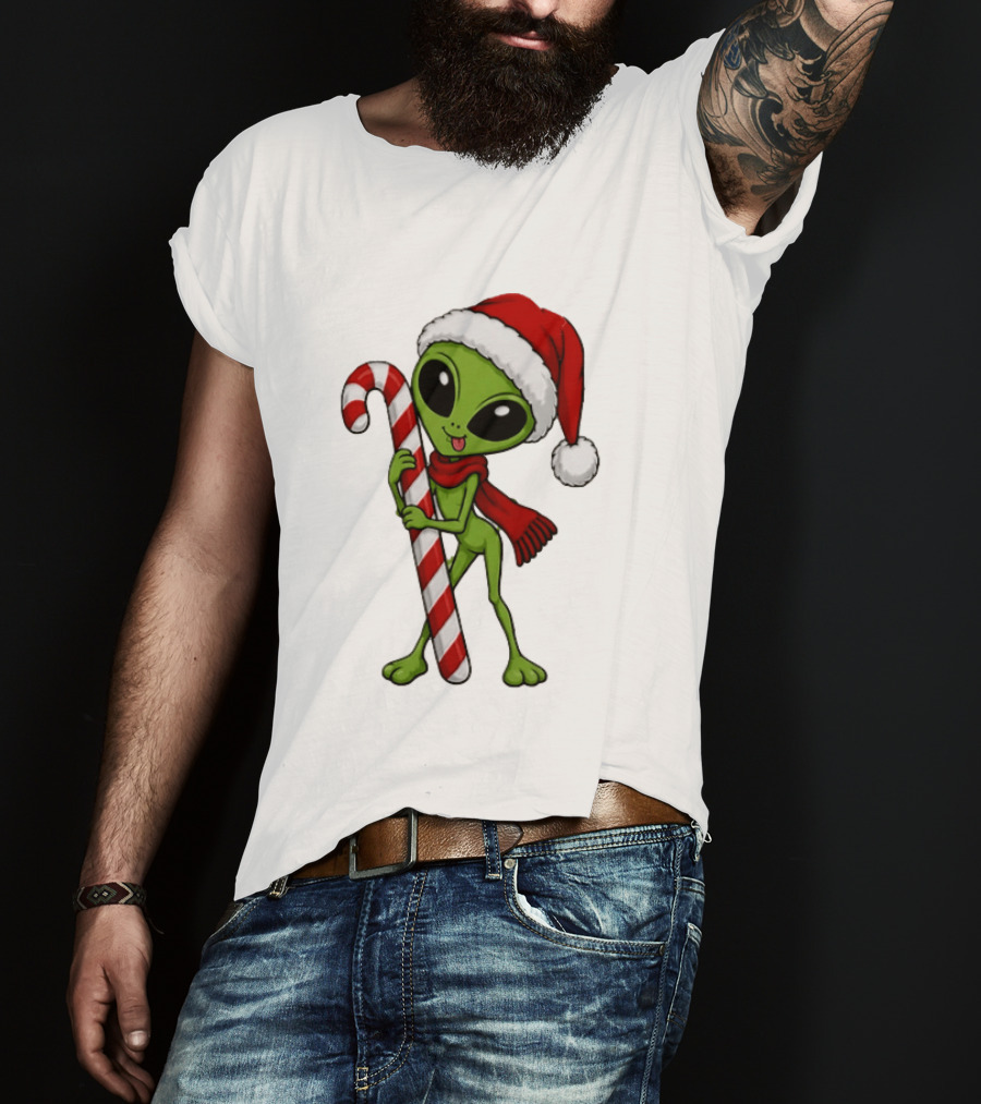 Green Santa Hat Alien With Red Scarf Holding Candy Cane Christmas T-Shirt