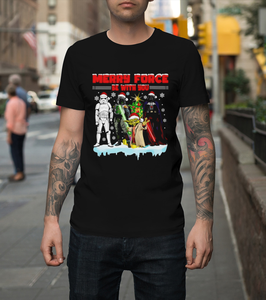 Star Wars Merry Force Be With You Christmas Characters Stormtrooper Yoda Darth Vader Santa Hats T-Shirt